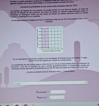 Pameta y Lourdas acordaron reunime en la bisloleca erts u e pry ls a 
agenda ocupada, por lo que ambas llagan a un tempo aleatório durante esa hora. 
Encuentra la probabilidad de que ambas estén presentes antes de 19:20. 
Los tempos de llegada de una periona se pueden ilustrar en una línea de lempo. Al mirar los 
formando un rectángulo. Ahora que las tíneas de tiempe de ambas personas tienen la misma longilud, el rectángulo es un cuadrado tempos de flegada de dos personas, las tíneas de tempo se colocas perpendiculares entre 4
El área que describe la llegada de Pam a la biblioteca antes de las 16: 20 se puede resaltar en el 
nuadrado 
7 
“” 
H. ≡ 
** - * ( E amou du nagoma ne Pemeia 
En el subprograma aifyacenta, asaita la hora de llegada de Pamela como se muestra. Y luego 
resalta la hora de flegada de Lourdes en consecuenoía 
La prohabilidad de que ambas fleguen antes de las 18: 20 es el área donde arbas condiciones se 
earuentía. Una ver la usuación ha sido iustrada geametricamente, la profasifidad puede ser 
calculada utilizade geometnía comparando el taesalño del área favorable con respecto al área total. 
¿ Cuámos quadrados lene el área favoratle? ¿Y loda el área 
Aguees
A_min=□
A_whdem=□