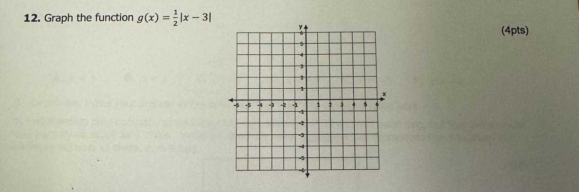 Graph the function g(x)= 1/2 |x-3|
(4pts)