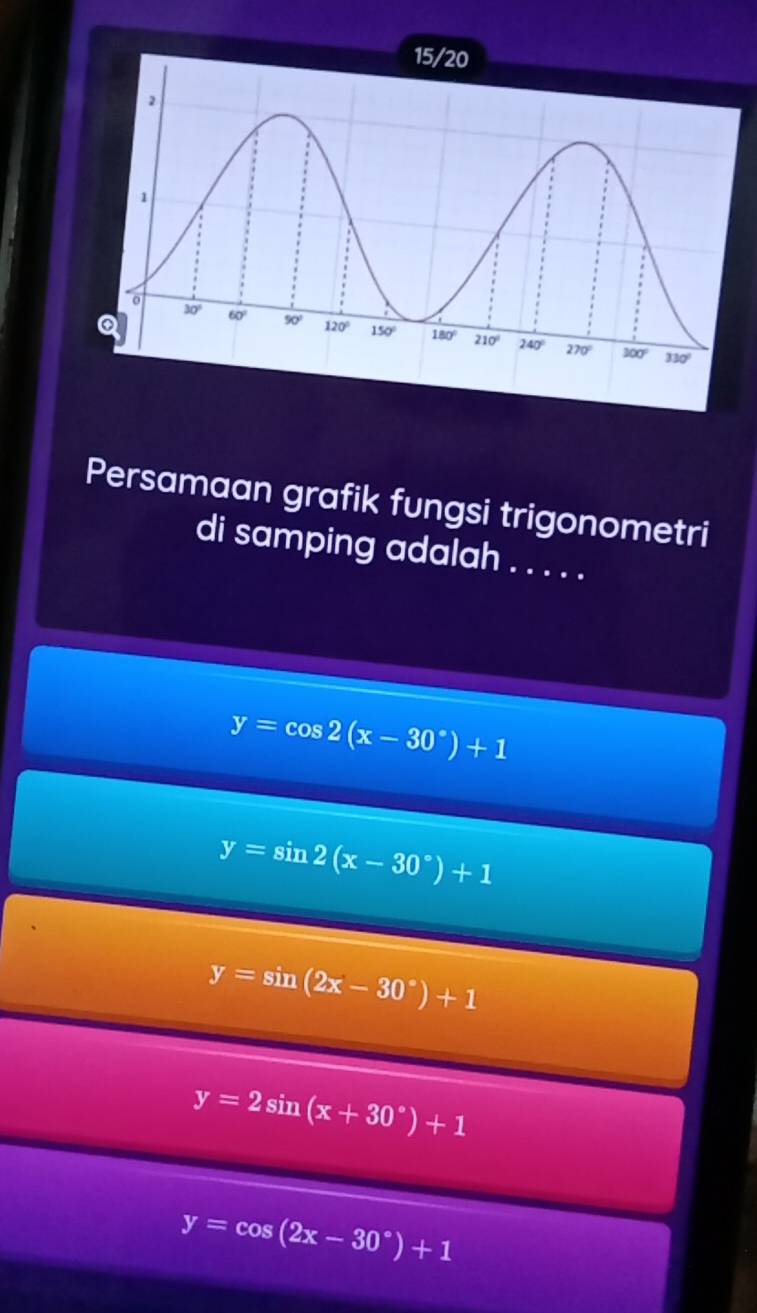 Persamaan grafik fungsi trigonometri
di samping adalah . . . . .
y=cos 2(x-30°)+1
y=sin 2(x-30°)+1
y=sin (2x-30°)+1
y=2sin (x+30°)+1
y=cos (2x-30°)+1