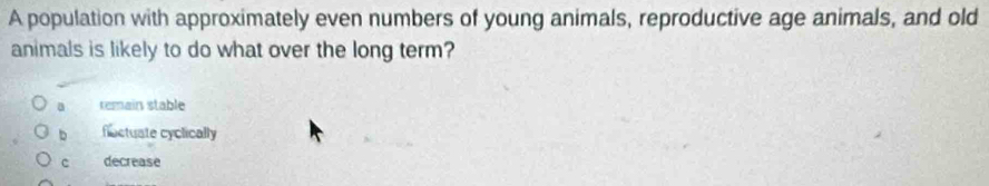 A population with approximately even numbers of young animals, reproductive age animals, and old
animals is likely to do what over the long term?
a remain stable
b flactuate cyclically
c decrease