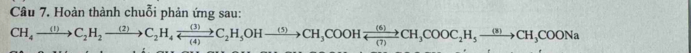Hoàn thành chuỗi phản ứng sau: 
CH_4to C)C_2H_2xrightarrow (2)C_2H_4xrightarrow (3) C_2H_5OHxrightarrow (5)CH_3COOHxrightarrow (6)CH_3COOC_2H_5xrightarrow (8)CH_3COONa