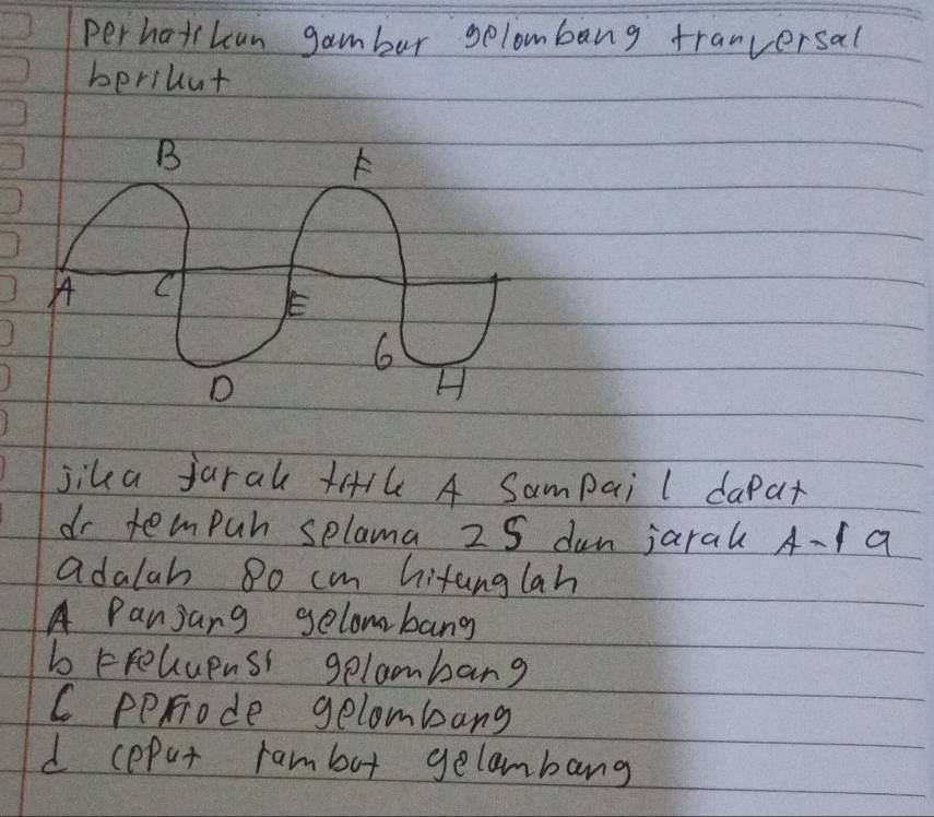 perhatilcan gamber gelombang tranversal
beriuut
jika jaral +ill A Sampai l dapar
dr tempuh selama 25 dun jaral A -1 a
adalab 8o cm hitanglah
A Panjang gelombang
b Frelupnss gelambarg
C periode gelombang
d coput rambot gelambang