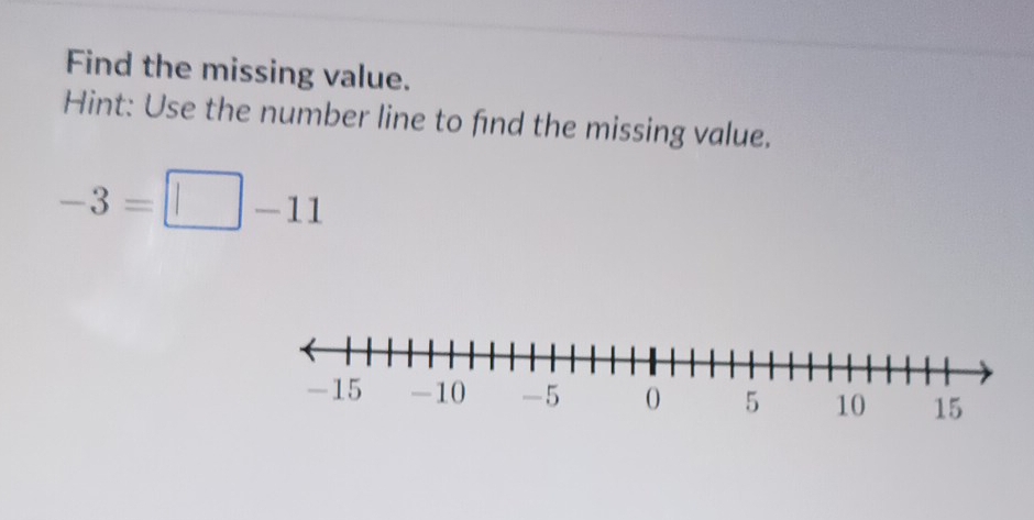 Find the missing value. 
Hint: Use the number line to find the missing value.
-3=□ -11