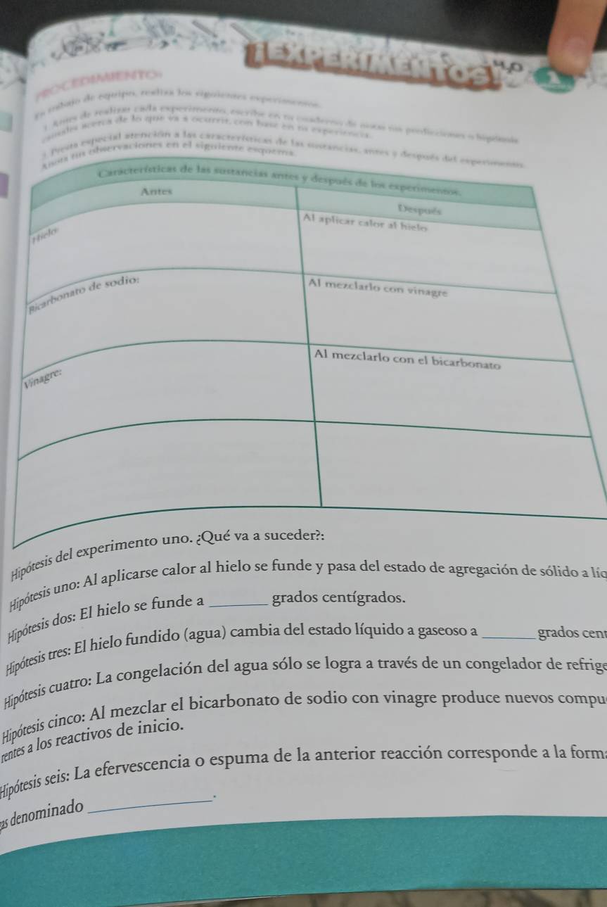 PECCEDIMENTO 
Es mitajo de equipo, resro los viguiemes experianentos 
1 Ants de rdizo cada experimento, escribe en oa cosderos de coa es prodicciones o 
nudes aerca de lo que va a ocurrir, con basé en os experienca 
ial atención a las caracte 
Hipótesis d 
Hipótesis uno: Al aplicarse calor al hielo se funde y pasa del estado de agregación de sólido a lío 
Hipótesis dos: El hielo se funde a _grados centígrados. 
Hipótesis tres: El hielo fundido (agua) cambia del estado líquido a gaseoso a _grados cent 
Hipótesis cuatro: La congelación del agua sólo se logra a través de un congelador de refrige 
Hipótesis cinco: Al mezclar el bicarbonato de sodio con vinagre produce nuevos compu 
rentes a los reactivos de ínicio. 
Hipótesis seis: La efervescencia o espuma de la anterior reacción corresponde a la forma 
as denominado 
_.