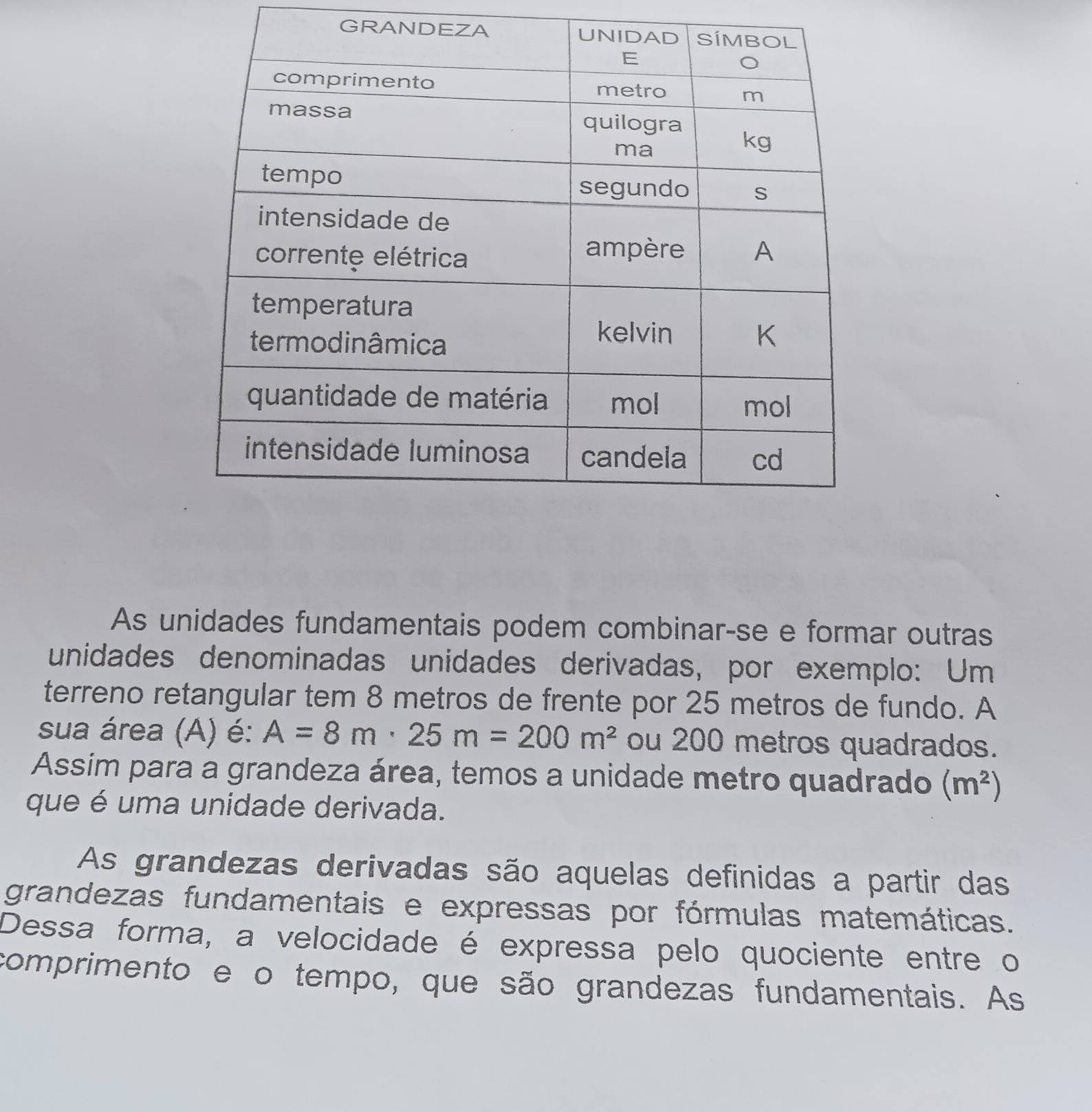 GRANDEZA 
As unidades fundamentais podem combinar-se e formar outras 
unidades denominadas unidades derivadas, por exemplo: Um 
terreno retangular tem 8 metros de frente por 25 metros de fundo. A 
sua área (A) é: A=8m· 25m=200m^2 ou 200 metros quadrados. 
Assim para a grandeza área, temos a unidade metro quadrado (m^2)
que é uma unidade derivada. 
As grandezas derivadas são aquelas definidas a partir das 
grandezas fundamentais e expressas por fórmulas matemáticas. 
Dessa forma, a velocidade é expressa pelo quociente entre o 
comprimento e o tempo, que são grandezas fundamentais. As