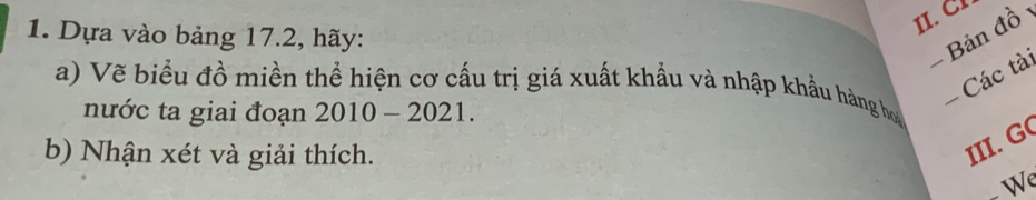 Dựa vào bảng 17.2, hãy: 
II. C 
- Bản đồ 
- Các tài 
a) Vẽ biểu đồ miền thể hiện cơ cấu trị giá xuất khẩu và nhập khẩu hàng họ 
nước ta giai đoạn 2010 - 2021. 
b) Nhận xét và giải thích. 
III. G( 
W