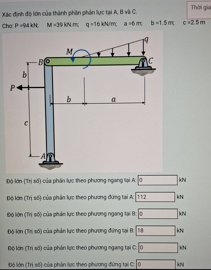 Thời gia
Xác định độ lớn của thành phần phản lực tại A, B và C.
Cho: P=94kN; M=39kN. m; q=16kN/m; a=6m; b=1.5m; □ c=2.5m
Độ lớn (Trị số) của phản lực theo phương ngang tại A: □ 0kN
Độ lớn (Trị số) của phản lực theo phương đứng tại A: A:112kN
Độ lớn (Trị số) của phản lực theo phương ngang tại B:. □ 0kN
Độ lớn (Trị số) của phản lực theo phương đứng tại B: B:18kN
Độ lớn (Trị số) của phản lực theo phương ngang tại C: □ 0kN
Độ lớn (Trị số) của phản lực theo phương đứng tại C: □ 0kN