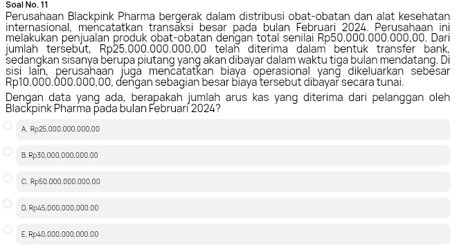 Soal No. 11
Perusahaan Blackpink Pharma bergerak dalam distribusi obat-obatan dan alat kesehatan
internasional, mencatatkan transäksi besar pada bulan Februari 2024. Perusahaan ini
melakukan penjualan produk obat-obatan dengan total senilai Rp50.000.000.000,00. Dari
jumlah teršebût, Rp25.000.000.000,00 telah diterima dalam bentuk transfer bank,
sedangkan sisanya berupa piutang yang akan dibayar dalam waktu tiga bulan mendatang. Di
sisi laïn, perusahaan juga mencatatkan biaya operasional yang dikeluarkan sebēsar
Rp10.000.000.000,00, dengan sebagian besar biaya tersebut dibayar secara tunai.
Dengan data yang ada, berapakah jumlah arus kas yang diterima dari pelanggan oleh
Blackpink Pharma pada bulan Februarí 2024?
A. Rp25.000.000.000,00
B. Rp30,000,000,000.00
C. Rp50.000.000.000,00
D. Rp45,000,000,000.00
E. Rp40,000,000,000.00