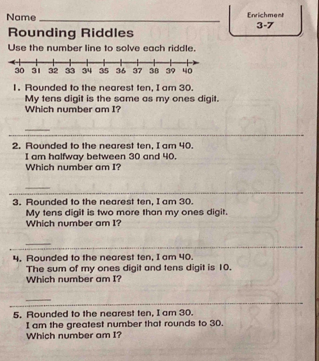 Solved: Name_ Enrichment 3-7 Rounding Riddles Use the number line to ...