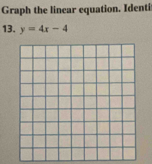 Graph the linear equation. Identi 
13. y=4x-4