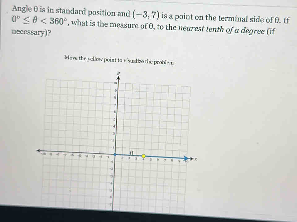 Angle θ is in standard position and (-3,7) is a point on the terminal side of θ. If
0°≤ θ <360° , what is the measure of θ, to the nearest tenth of a degree (if 
necessary)? 
Move the yellow point to visualize the problem