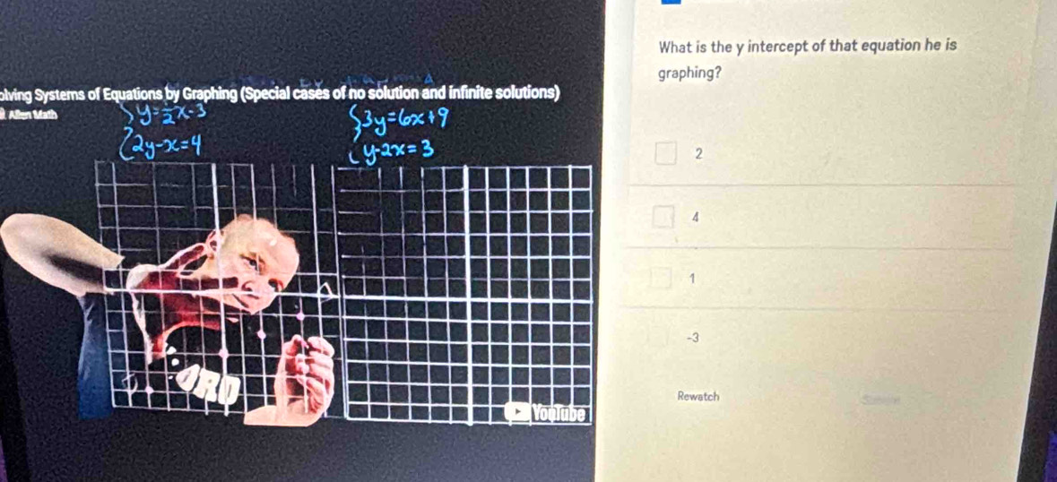 What is the y intercept of that equation he is
graphing?
olving Systems of Equations by Graphing (Special cases of no solution and infinite solutions)
Allen Math
2
4
1
-3
Rewatch