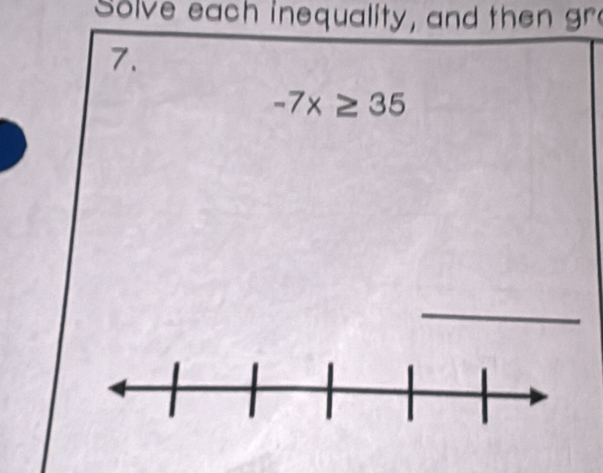 Solve each inequality, and then gr 
7.
-7x≥ 35