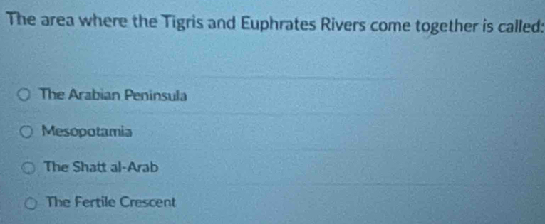 The area where the Tigris and Euphrates Rivers come together is called:
The Arabian Peninsula
Mesopotamia
The Shatt al-Arab
The Fertile Crescent