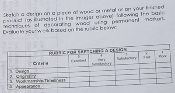 Sketch a design on a plece of wood or metal or on your finished 
product (as illustrated in the images above) following the basic 
techniques of decorating wood using permanent markers. 
Evaluate your work based on the rubric below: