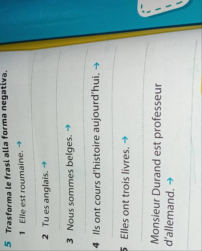 Trasforma le frasi alla forma negativa. 
1 Elle est roumaine. 
_ 
2 Tu es anglais. 
_ 
3 Nous sommes belges. 
_ 
4 Ils ont cours d’histoire aujourd’hui. 
_ 
5 Elles ont trois livres. 
_ 
Monsieur Durand est professeur 
d’allemand. 
_ 
_