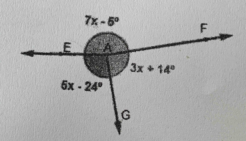 7x-5°
F
E A
3x+14°
5x-24°
G