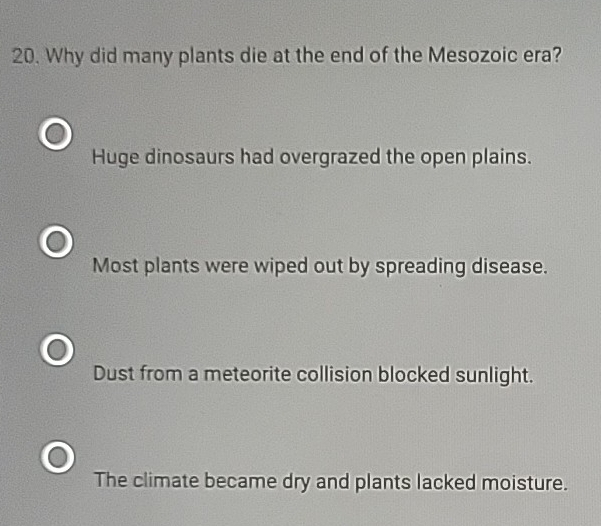 Why did many plants die at the end of the Mesozoic era?
Huge dinosaurs had overgrazed the open plains.
Most plants were wiped out by spreading disease.
Dust from a meteorite collision blocked sunlight.
The climate became dry and plants lacked moisture.