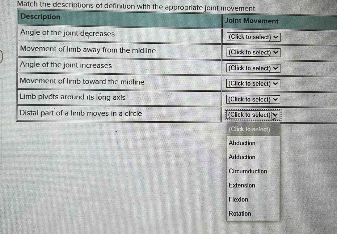 Match the descriptions of definition with t
to select)
Abduction
Adduction
Circumduction
Extension
Flexion
Rotation