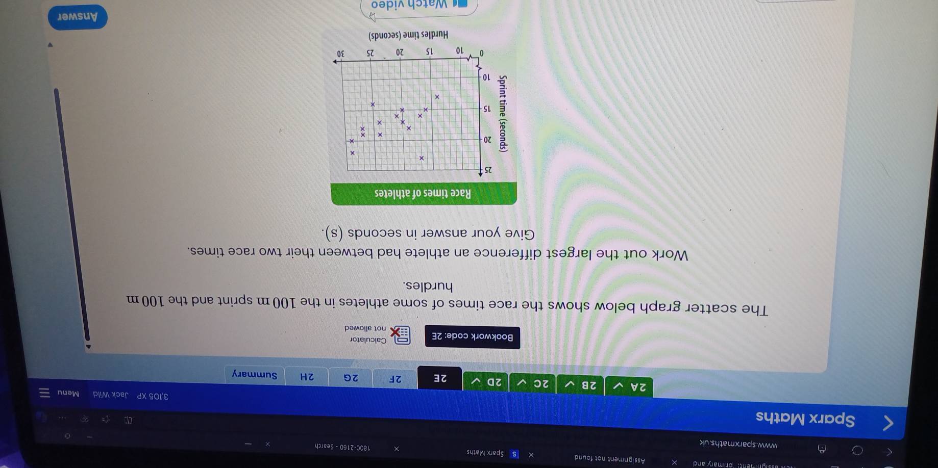 Assignment not found Sparx Maths × 1800-2160 - Search 
D www.sparxmaths.uk 
Sparx Maths 
3,105 XP Jack Wild Menu 
2A 2B 2C 2D 2E 2F 2G 2H Summary 
Bookwork code: 2E Calculator 
not allowed 
The scatter graph below shows the race times of some athletes in the 100 m sprint and the 100 m
hurdles. 
Work out the largest difference an athlete had between their two race times. 
Give your answer in seconds (s). 
Watch video Answer