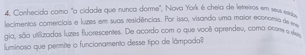 Conhecida como "a cidada que nunca dorme', Nova York é cheia de letreiros em seus estabe 
lecimentos comerciais e luzes em suas residências. Por isso, visando uma maior economia de ene 
gia, são utilizadas luzes fluorescentes. De acordo com o que você aprendeu, como ocorre o efeito 
luminoso que permite o funcionamento desse tipo de lâmpada?