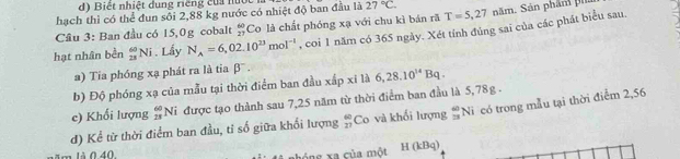 Biết nhiệt dung riếng của nột 
hạch thì có thể đun sôi 2,88 kg nước có nhiệt độ ban đầu là 27°C. 
Câu 3: Ban đầu có 15,0g cobalt beginarrayr 60 27endarray Co là chất phóng xạ với chu kì bán rã T=5,27nhr 1 Sản ph ân i 
hạt nhân bền _(28)^(60)Ni. Lấy N_A=6,02.10^(23)mol^(-1) , coi 1 năm có 365 ngày. Xét tính đủng sai của các phát biểu sau 
a) Tia phóng xạ phát ra là tia β. 
b) Độ phóng xạ của mẫu tại thời điểm ban đầu xắp xỉ là 6, 28.10^(14)Bq. 
c) Khối lượng _(28)^(60)Ni được tạo thành sau 7,25 năm từ thời điểm ban đầu là 5,78g. 
d) Kể từ thời điểm ban đầu, tỉ số giữa khổi lượng  60/27  Co và khối lượng  60/23  Ni có trong mẫu tại thời điểm 2,56
= là 0 40 óng xa của một H(kBq)