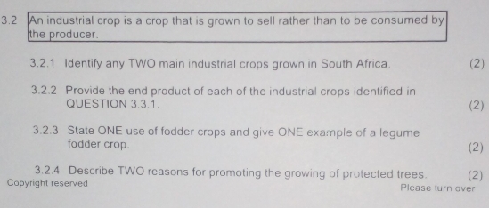 3.2 An industrial crop is a crop that is grown to sell rather than to be consumed by 
the producer. 
3.2.1 Identify any TWO main industrial crops grown in South Africa. (2) 
3.2.2 Provide the end product of each of the industrial crops identified in 
QUESTION 3.3.1. (2) 
3.2.3 State ONE use of fodder crops and give ONE example of a legume 
fodder crop. (2) 
3.2.4 Describe TWO reasons for promoting the growing of protected trees. (2) 
Copyright reserved Please turn over