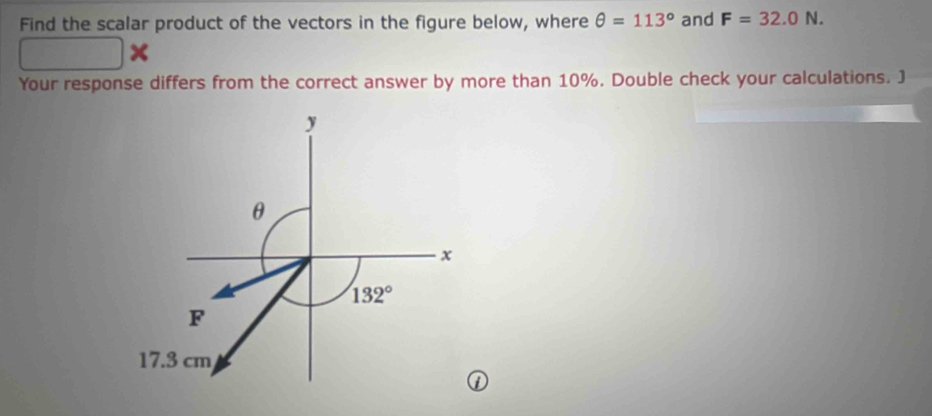 Find the scalar product of the vectors in the figure below, where θ =113° and F=32.0N.
×
Your response differs from the correct answer by more than 10%. Double check your calculations. J