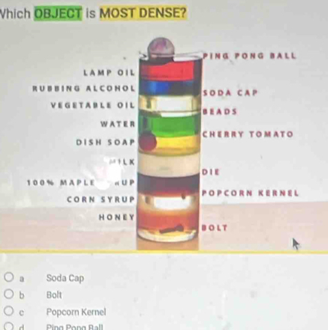 Which OBJECT is MOST DENSE?
a Soda Cap
b Bolt
c Popcorn Kernel
d Ping Pong Ball