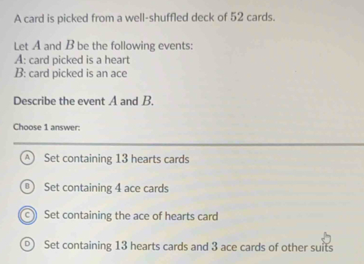 A card is picked from a well-shuffled deck of 52 cards.
Let A and B be the following events:
A: card picked is a heart
B: card picked is an ace
Describe the event A and B.
Choose 1 answer:
A ) Set containing 13 hearts cards
B Set containing 4 ace cards
cSet containing the ace of hearts card
D) Set containing 13 hearts cards and 3 ace cards of other suits