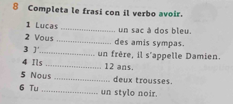 Completa le frasi con il verbo avoir. 
1 Lucas _un sac à dos bleu. 
2 Vous _des amis sympas. 
3 ]'_ un frère, il s'appelle Damien. 
4 Ils _ 12 ans. 
5 Nous _deux trousses. 
6 Tu _un stylo noir.