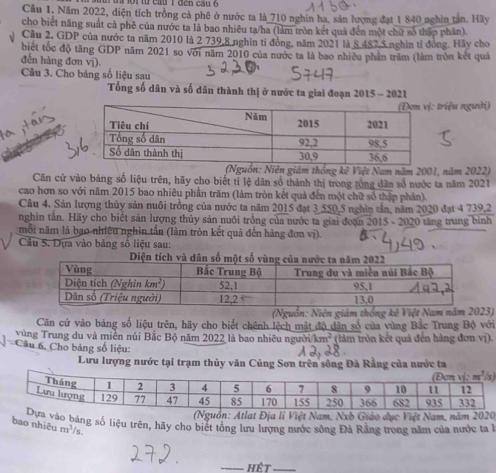 tra loi từ cầu 1 đến cầu 6
Cầu 1. Năm 2022, diện tích trồng cả phê ở nước ta là 710 nghin ha, sản lượng đạt 1 840 nghin tần. Hãy
cho biết năng suất cả phê của nước ta là bao nhiêu tạ/ha (làm tròn kết quả đến một chữ số thập phân).
Câu 2. GDP của nước ta năm 2010 là 2 739,8 nghìn tỉ đồng, năm 2021 là 8 487,5 nghìn tỉ đồng. Hảy cho
biết tốc độ tăng GDP năm 2021 so với năm 2010 của nước ta là bao nhiều phần trăm (làm tròn kết quả
đến hàng đơn vị).
Câu 3. Cho bảng số liệu sau
Tổng số dân và số dân thành thị ở nước ta giai đoạn 2015 - 2021
triệu người)
(Nguồn: Niên giám thống kê Việt Nam năm 2001, năm 2022)
Căn cử vào bảng số liệu trên, hãy cho biết tỉ lệ dân số thành thị trong tổng dân số nước ta năm 2021
cao hơn so với năm 2015 bao nhiêu phần trăm (làm tròn kết quả đến một chữ số thập phần).
Câu 4. Sản lượng thủy sản nuôi trồng của nước ta năm 2015 đạt 3 550,5 nghìn tần, năm 2020 đạt 4 739.2
nghìn tấn. Hãy cho biết sản lượng thủy sản nuôi trồng của nước ta giải đoạn 2015 - 2020 tăng trung bình
mỗi năm là bao nhiêu nghìn tấn (làm tròn kết quả đến hàng đơn vị)
Câu 5. Dựa vào bảng số liệu sau:
(Nguồn: Niên giám thống kê Việt Nam năm 2023)
Căn cứ vào bảng số liệu trên, hãy cho biết chênh lệch mật độ dân số của vùng Bắc Trung Bộ với
Vùng Trung du và miền núi Bắc Bộ năm 2022 là bao nhiêu người km^2 (lảm tròn kết quả đến hàng đơn vị).
Câu 6. Cho bảng số liệu:
Lưu lượng nước tại trạm thủy văn Củng Son trên sông Đà Rằng của nước ta
(Nguồn: Atlat Địa li Việt Nam, Nxb Giáo dục Việt Nam, năm 2020
a vào bảng số liệu trên, hãy cho biết tổng lưu lượng nước sông Đà Rằng trong năm của nước ta là
bao nhiêu m^3/s.
_HÉt_