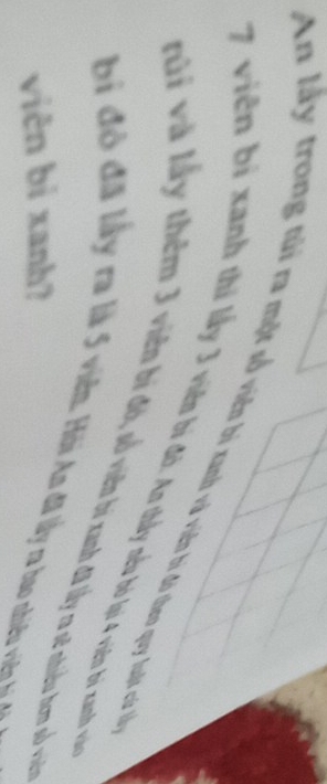 An lấy trong túi ra một số viên bí xanh và viên bì đô theo quy luất củ lộ
7 viên bị xanh thi lấy 3 viên bí đò. An thầy nếu bỏ lạ 4 viên bí xanh vệ 
vài và lấy thêm 3 viên bi đô, sỗ viên bì xanh đã lấy ca sẽ nhiều bm số viê 
bi độ đã lấy ra là 5 viêm. Hồi An đã lây ra bao nhiều viê h 
viên bì xanh?
