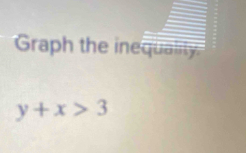 Graph the inequality.
y+x>3