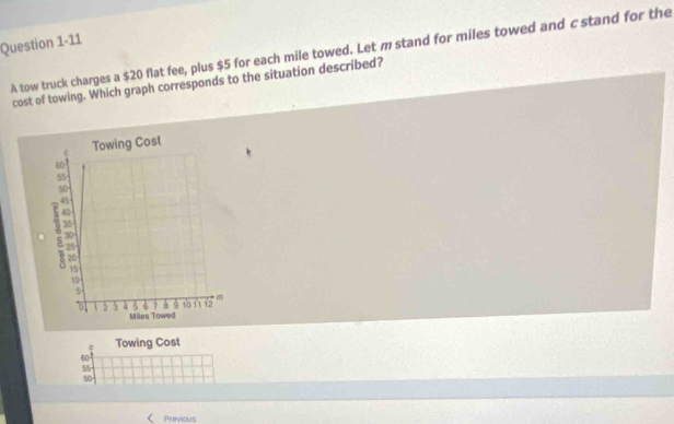 A tow truck charges a $20 flat fee, plus $5 for each mile towed. Let m stand for miles towed and c stand for the 
cost of towing. Which graph corresponds to the situation described? 
c Towing Cost
60
55
50
45
30
。 25
20
15
10
5
m
5 6 7 9 10 11 12
01 2 3 Miles Towed 
Towing Cost
60
55
50
Previous