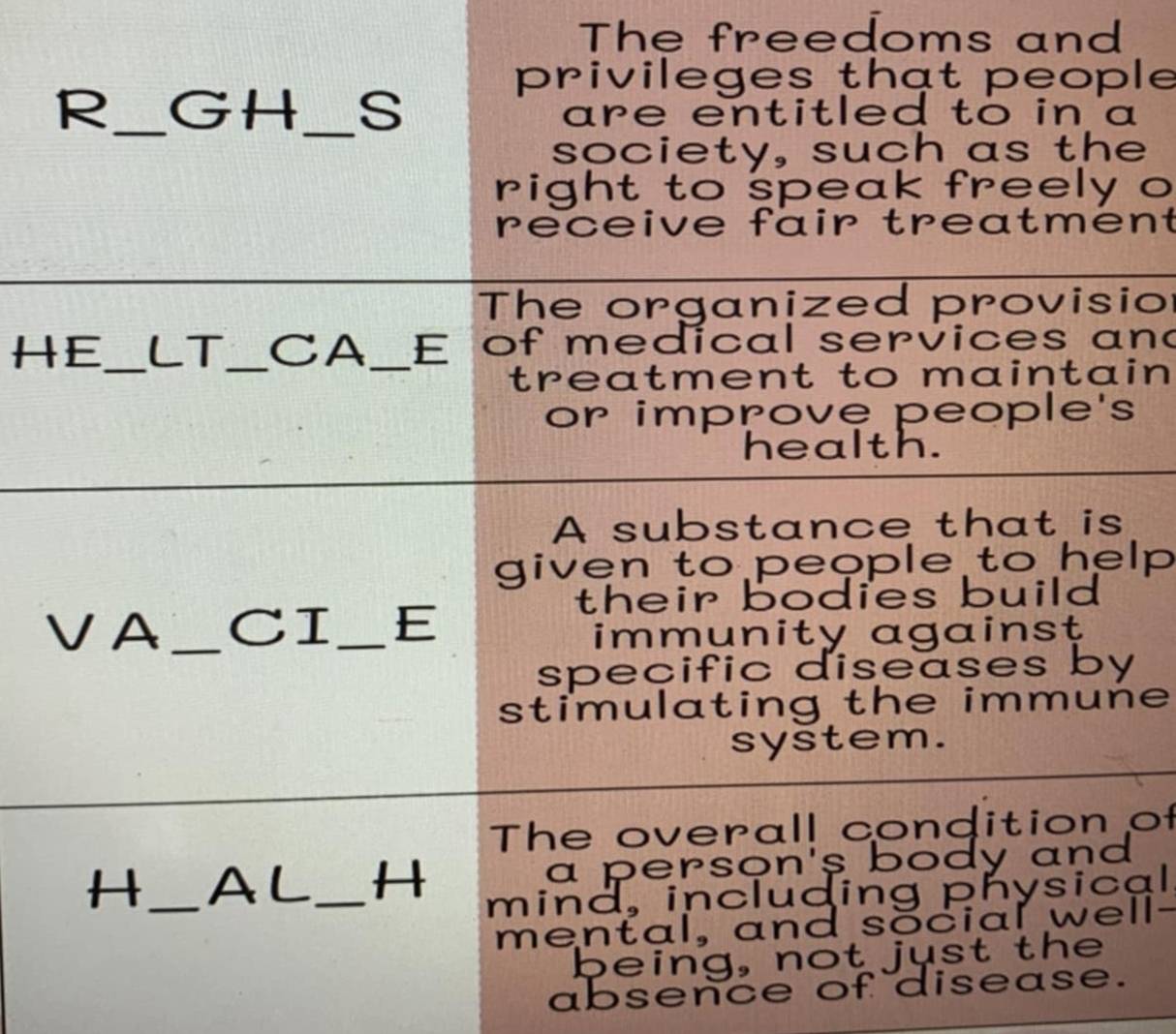 The freedoms and 
privileges that people 
R_ GH_ s are entitled to in a 
society, such as the 
right to speak freely o 
receive fair treatment 
The organized provisio 
HE_ LT_ CA_ E of m e d i cal ser i ce s a n 
treatment to maintain 
or improve people's 
health. 
A substance that is 
given to people to help . 
their bodies build 
VA_ CI_ E 
immunity against 
speçific diseases by 
stimulating the immune 
system. 
The overall condition of 
H_ AL_ H a person's body and 
mind, including physical 
mental, and social well- 
being, not just the 
absence of disease.