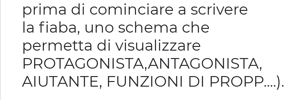 prima di cominciare a scrivere 
la fiaba, uno schema che 
permetta di visualizzare 
PROTAGONISTA,ANTAGONISTA, 
AIUTANTE, FUNZIONI DI PROPP....).