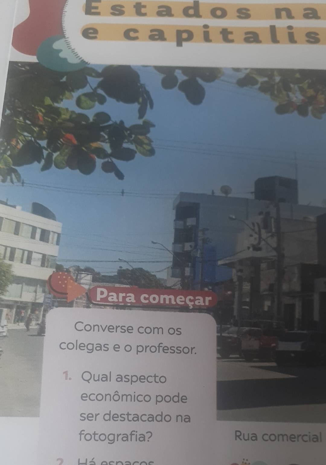 Estadosina 
capitalis 
Para começar 
Converse com os 
colegas e o professor. 
1. Qual aspecto 
econômico pode 
ser destacado na 
fotografia? Rua comercial 
: