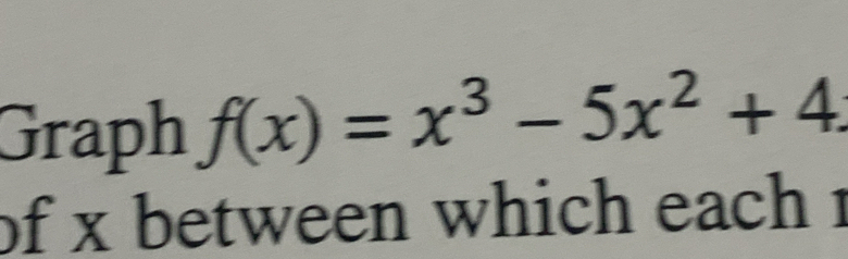 Graph f(x)=x^3-5x^2+4. 
of x between which each 1