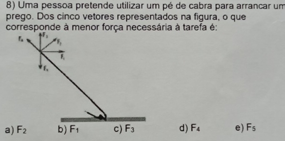 Uma pessoa pretende utilizar um pé de cabra para arrancar um
prego. Dos cinco vetores representados na figura, o que
corresponde à menor força necessária à tarefa é:
a)d) F_4 e) F_5