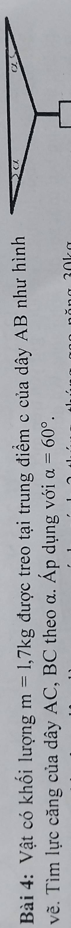 Vật có khối lượng m=1,7kg được treo tại trung điểm c của dây AB như hình 
vẽ. Tìm lực căng của dây AC, BC theo α. Áp dụng với alpha =60°.