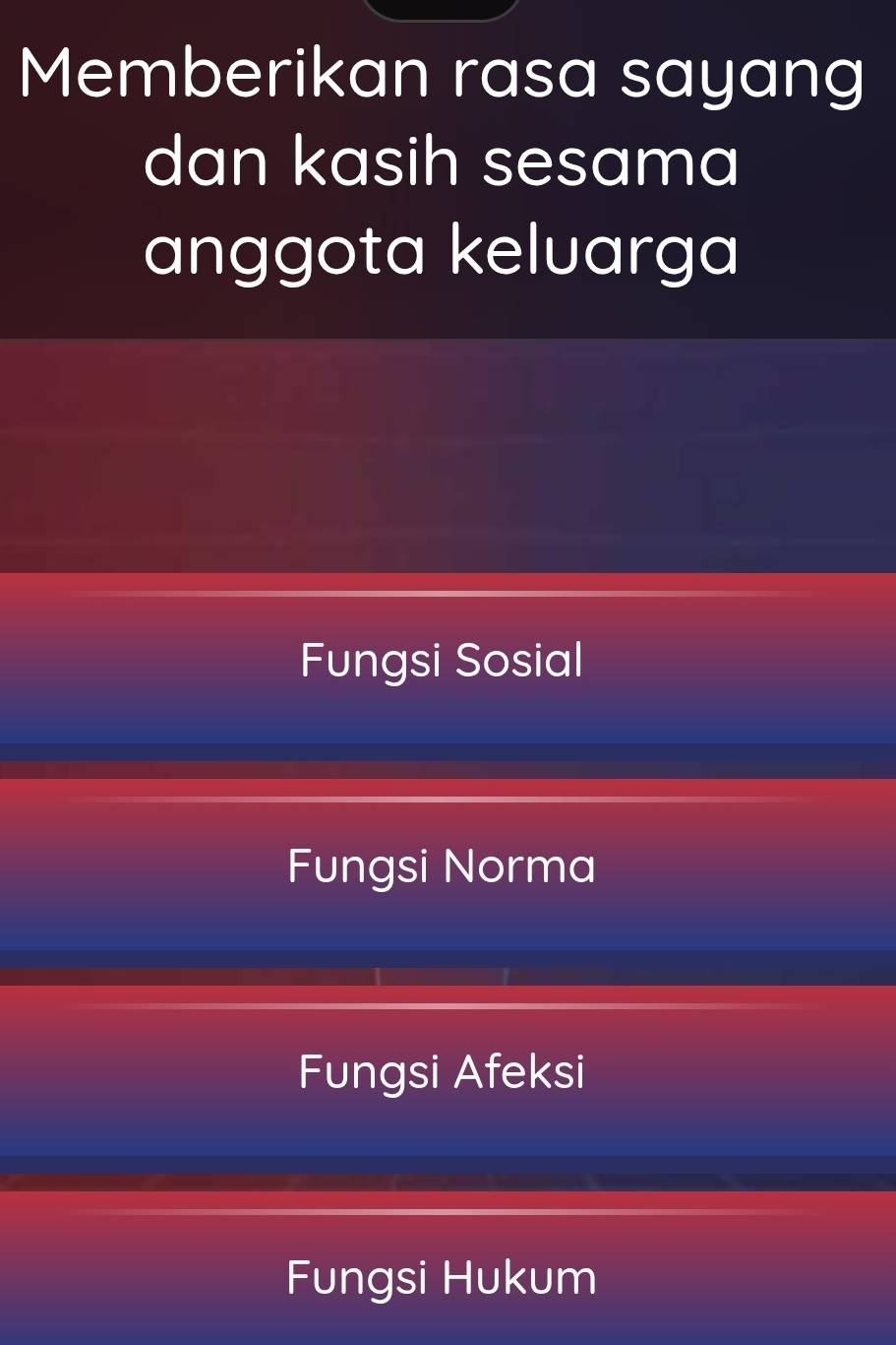 Memberikan rasa sayang
dan kasih sesama
anggota keluarga
Fungsi Sosial
Fungsi Norma
Fungsi Afeksi
Fungsi Hukum