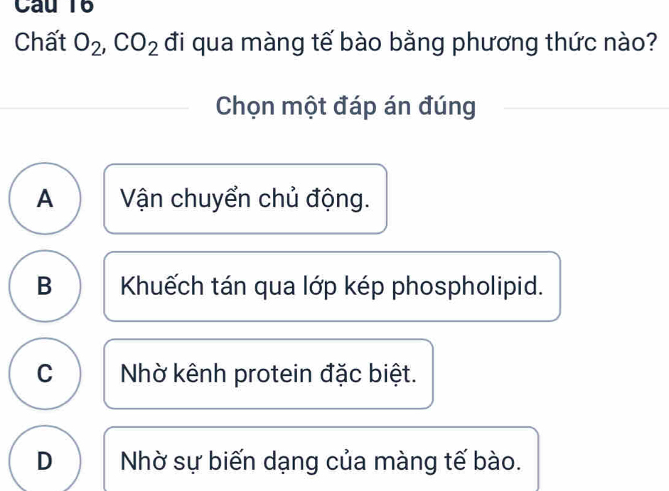 Câu T6
Chất O_2, CO_2 đi qua màng tế bào bằng phương thức nào?
Chọn một đáp án đúng
A Vận chuyển chủ động.
B Khuếch tán qua lớp kép phospholipid.
C Nhờ kênh protein đặc biệt.
D Nhờ sự biến dạng của màng tế bào.