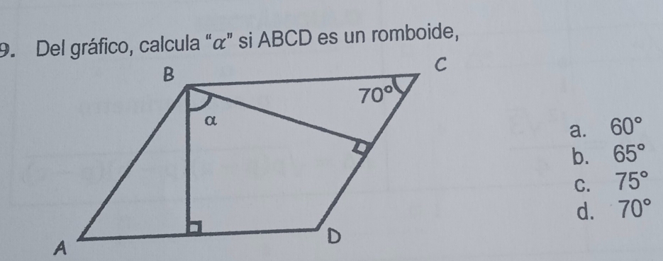 Del gráfico, calcula “α” si ABCD es un romboide,
a. 60°
b. 65°
C. 75°
d. 70°