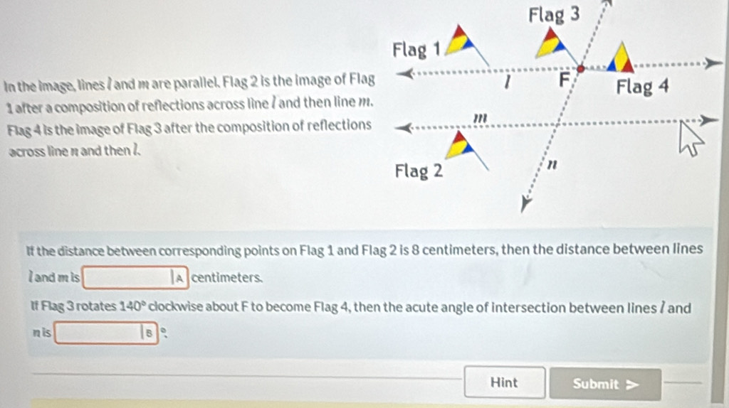 Flag 3 
In the image, lines I and m are parallel. Flag 2 is the image of Fla 
1 after a composition of reflections across line / and then line m
Flag 4 is the image of Flag 3 after the composition of reflection 
across line n and then 1. 
If the distance between corresponding points on Flag 1 and Flag 2 is 8 centimeters, then the distance between lines
I and m is □ A centimeters. 
If Flag 3 rotates 140° clockwise about F to become Flag 4, then the acute angle of intersection between lines Å and
n is □ 8°
Hint Submit