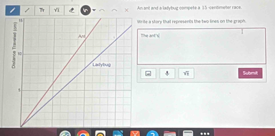 Tr sqrt(± ) An ant and a ladybug compete a 15 -centireter race. 
rite a story that represents the two lines on the graph. 
The ant's|
sqrt(± ) Submit