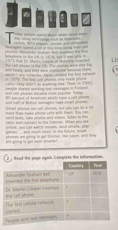 'oday, people spend about seven hours every 
day using technology such as television, 
radios, MP3 players, phones and computers. 
Teenagers spend a lot of this time using their cell 
phones, Alexander Graham Bell invented the first 
telephone in the UK in 1876, but it was only in 
1973 that Dr. Martin Cooper at Motorola invented Lis 
the cell phone in the US. The phones were very big 
and heavy, and they were unpopular because there 1
weren't any networks. Japan created the first network 37
in 1979. The first cell phones only made phone 
calls—they didn't do anything else. Then, in 1993, 
people started sending text messages in Finland, 
and cell phones became more popular. Today,
85 percent of American adults have a cell phone, 
and half of British teenagers have smart phones. 
Smart phones are cell phones, but you can do a lot 
more than make phone calls with them. You can 
send texts, take photos and videos, listen to the 
radio and connect to the Internet. When you are 
online, you can watch movies, send emails, play 
games ... and much more. In the future, smart 
phones are going to get thinner, like paper, and they 
are going to get even smarter! 
R the page again. Complete the information.