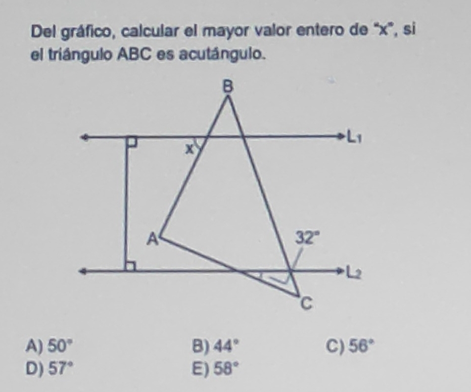 Del gráfico, calcular el mayor valor entero de “x”, si
el triángulo ABC es acutángulo.
A) 50° B) 44° C) 56°
D) 57° E) 58°