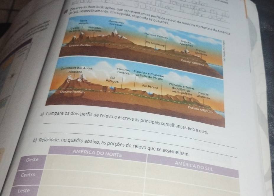 Sul, respectivamente. Em
Ceserve as duas ilustrações, que representam os perfis de relevo da América do Norte e da América
_
eles
b) Relacione, no quadro abaixo, as porções do relevo que se assemelham.
AMÉRICA DO NORTE
Oeste
AMÉRICA DO SUL
Centro
Leste