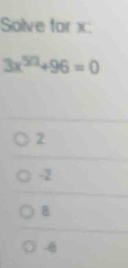 Solve for x :
3x^(5/2)+96=0
2
-2
-